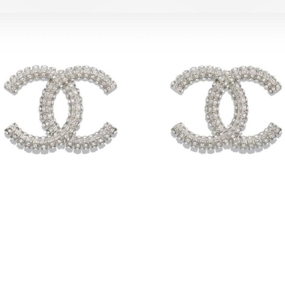 CHANEL XL Silver Crystal Interlocking CC Logo Stud Earrings - Picture 6 of 8